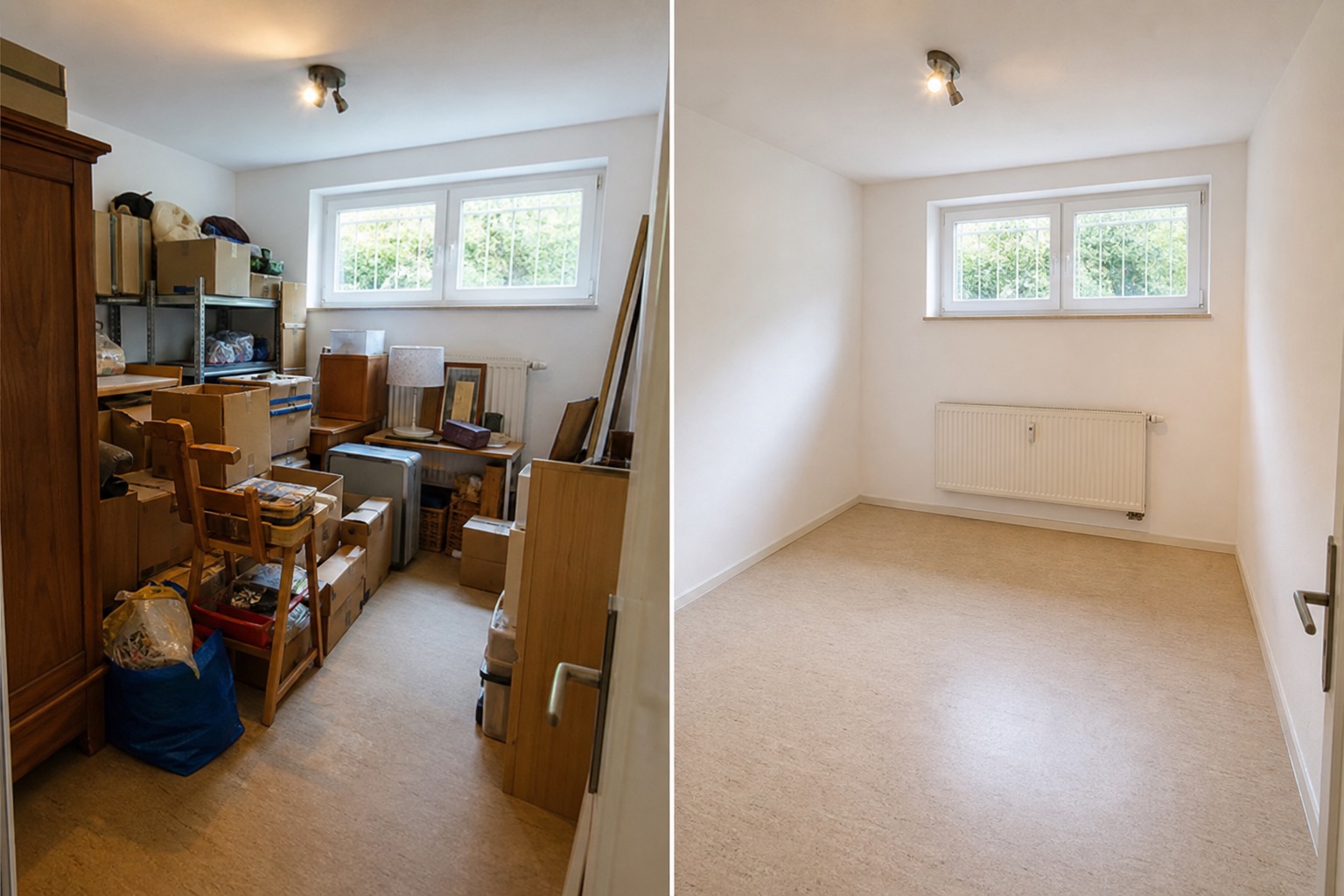 Vollgestellter Raum vor der Entrümpelung und leergeräumter Raum nach der Entrümpelung